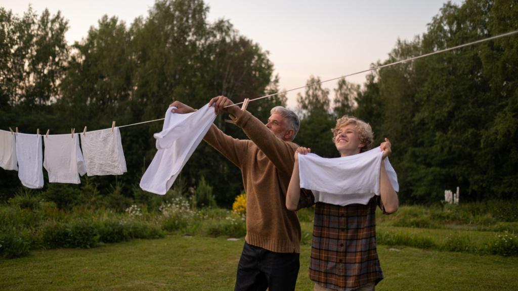 etendre linge en famille